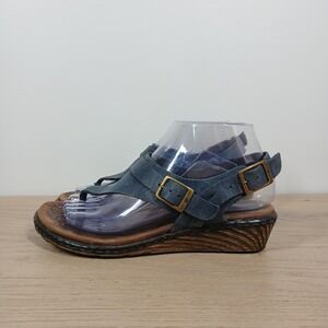 Born Sandals Women 7 Blue Leather Thong Buckle Strappy Wedge Boho Comfort